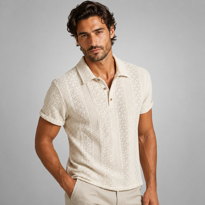 Men's Short Sleeve Jacquard Textured Polo with Classic Collar - 2