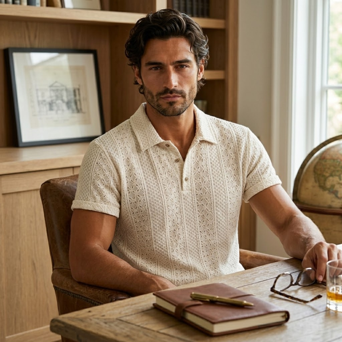 Homme Polo Manches Courtes à Texture Jacquard et Col Classique