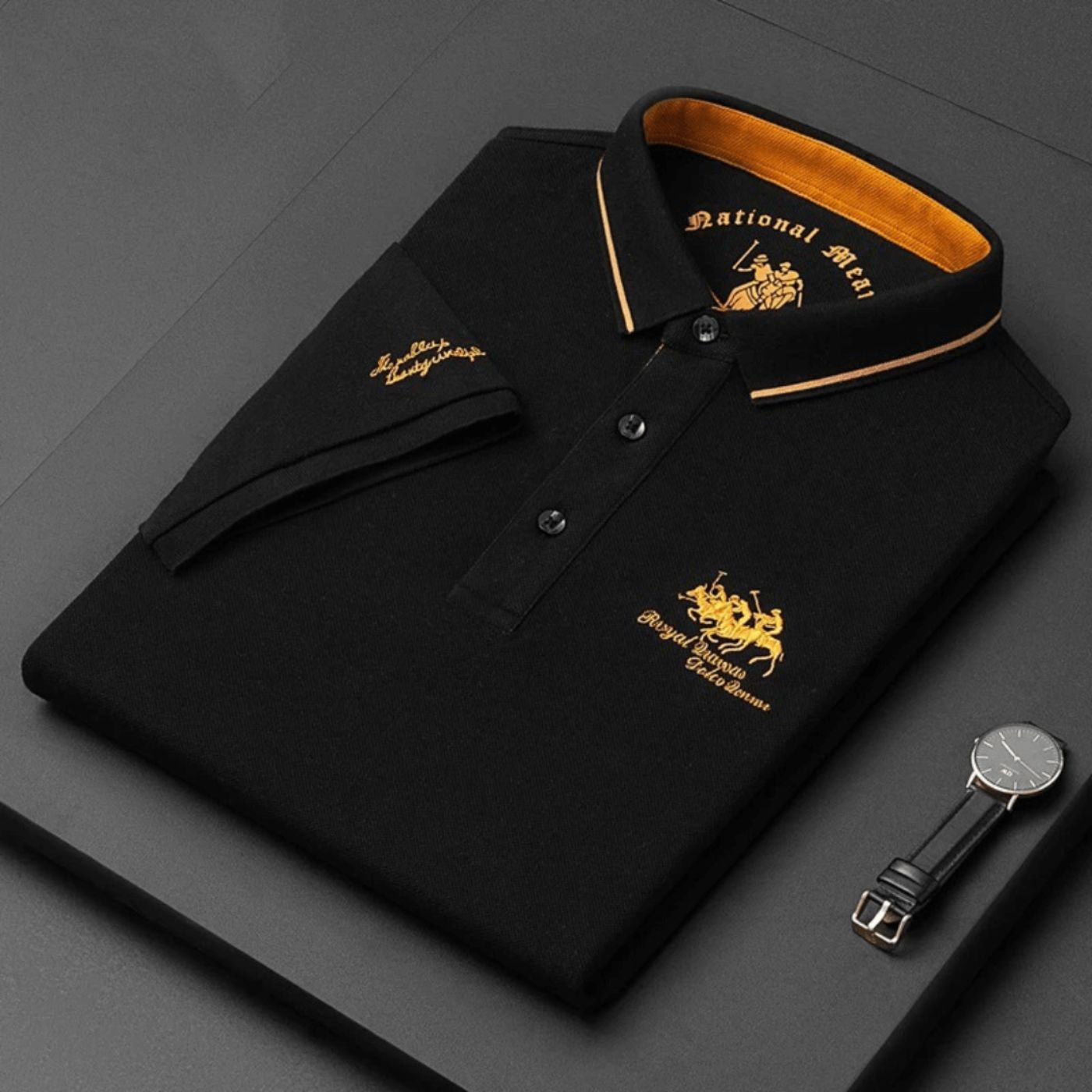 Homme Polo Manches Courtes avec Col Boutonné et Broderie
