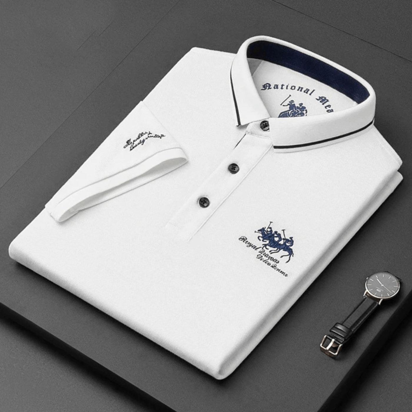 Homme Polo Manches Courtes avec Col Boutonné et Broderie