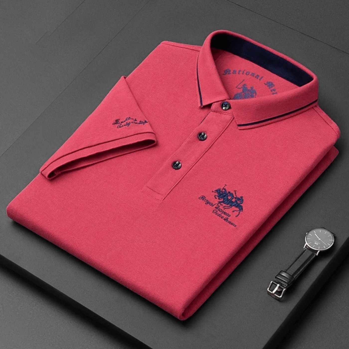 Homme Polo Manches Courtes avec Col Boutonné et Broderie