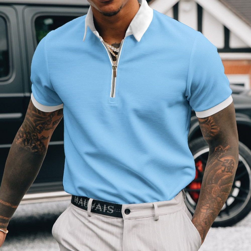 Homme Polo Manches Courtes avec Demi-Zip et Col Contrasté