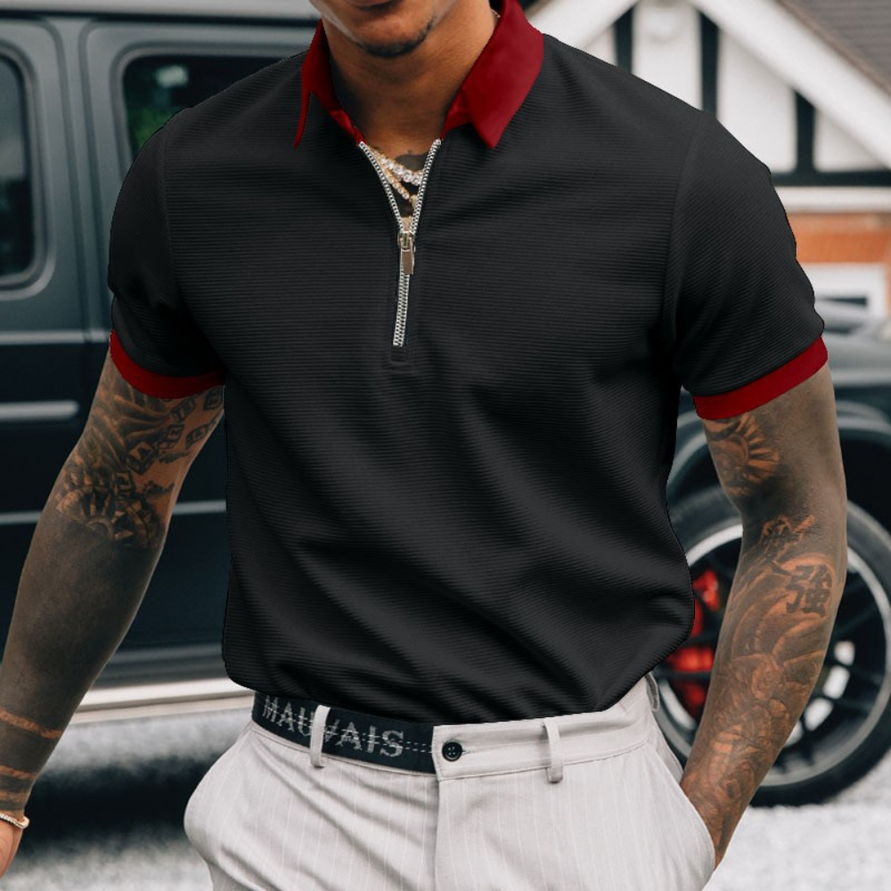 Homme Polo Manches Courtes avec Demi-Zip et Col Contrasté
