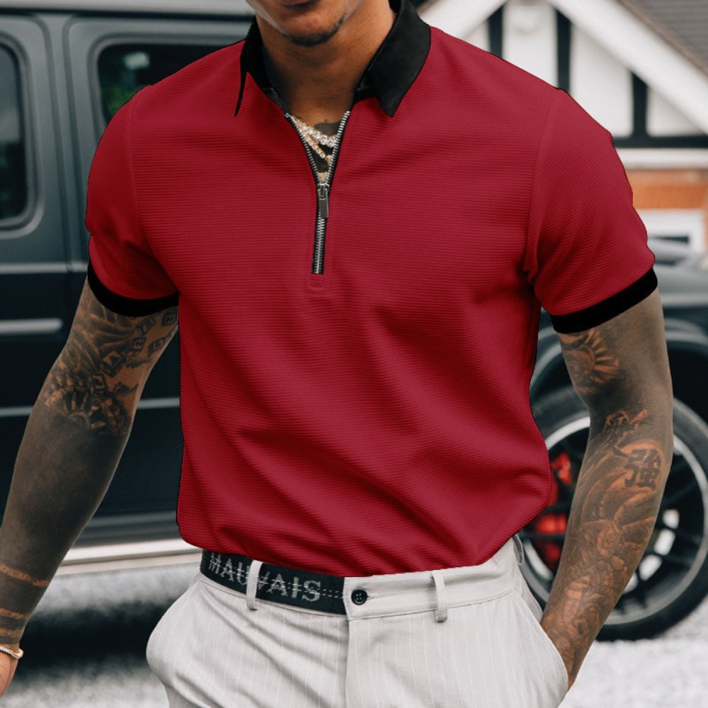 Homme Polo Manches Courtes avec Demi-Zip et Col Contrasté