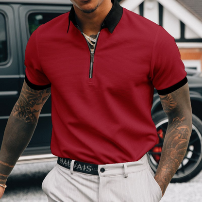 Homme Polo Manches Courtes avec Demi-Zip et Col Contrasté