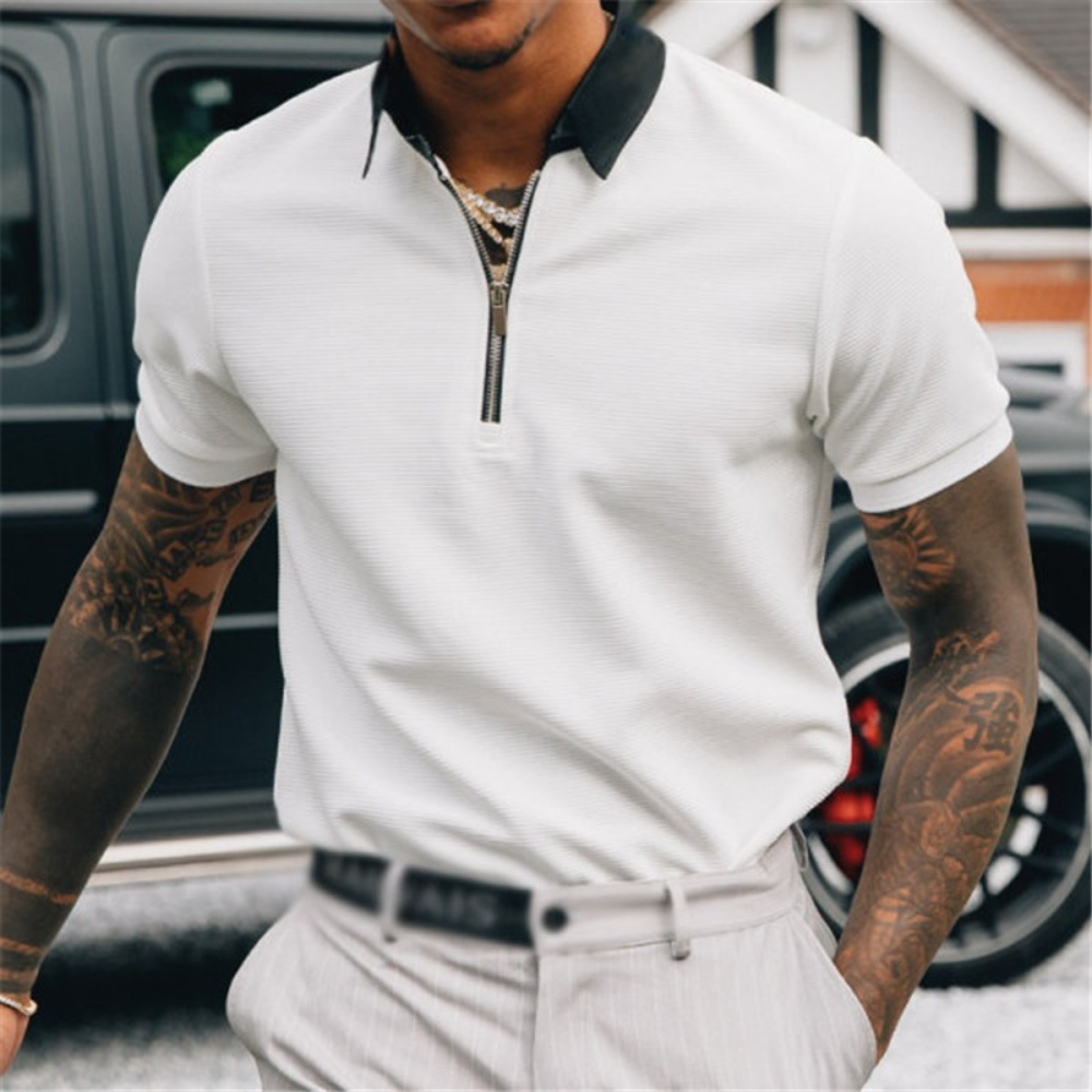 Homme Polo Manches Courtes avec Demi-Zip et Col Contrasté
