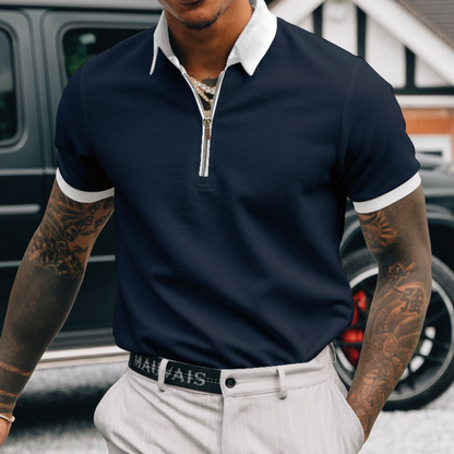 Homme Polo Manches Courtes avec Demi-Zip et Col Contrasté