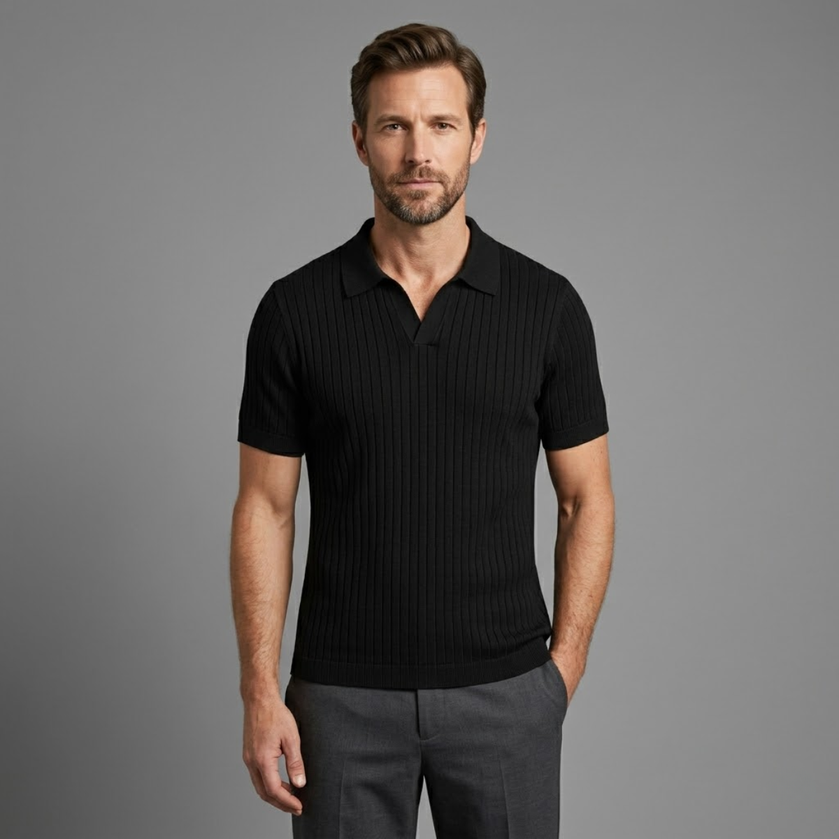 Homme Polo Manches Courtes col Ouvert Slim Fit Texturé