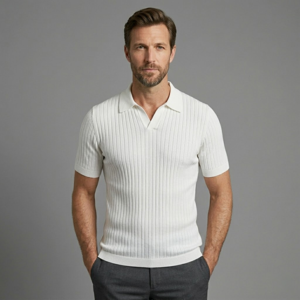 Homme Polo Manches Courtes col Ouvert Slim Fit Texturé