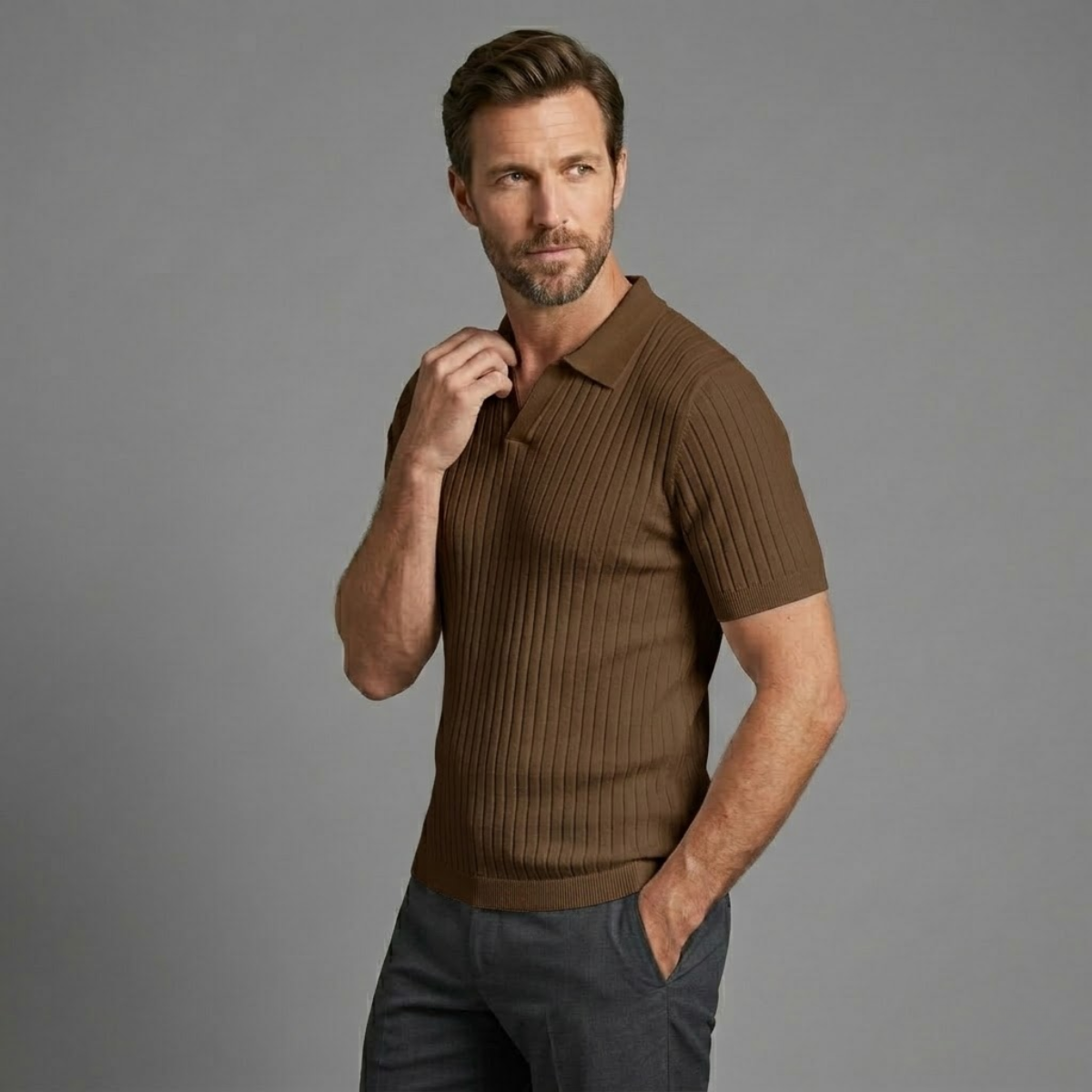 Homme Polo Manches Courtes col Ouvert Slim Fit Texturé