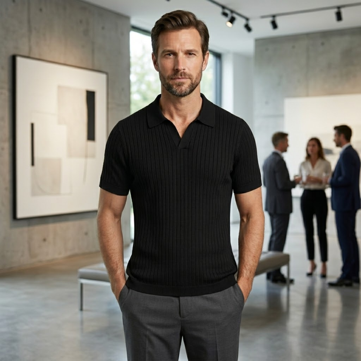 Homme Polo Manches Courtes col Ouvert Slim Fit Texturé