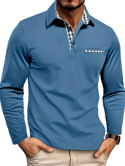Homme Polo Manches Longues avec Col à Carreaux et Poche Poitrine