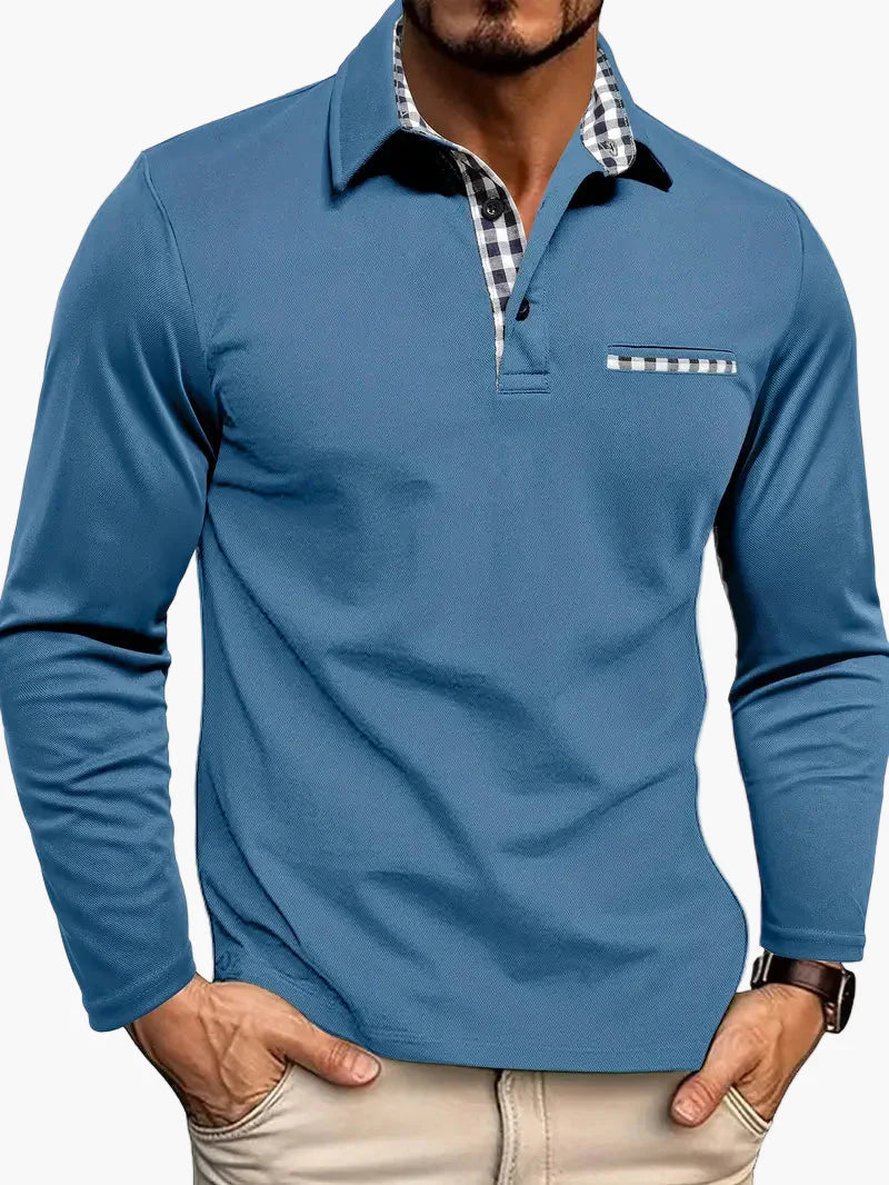 Homme Polo Manches Longues avec Col et Poche à Carreaux Slim Fit