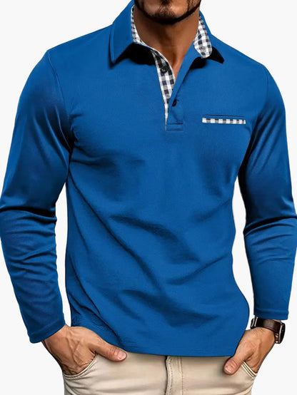 Homme Polo Manches Longues avec Col et Poche à Carreaux Slim Fit