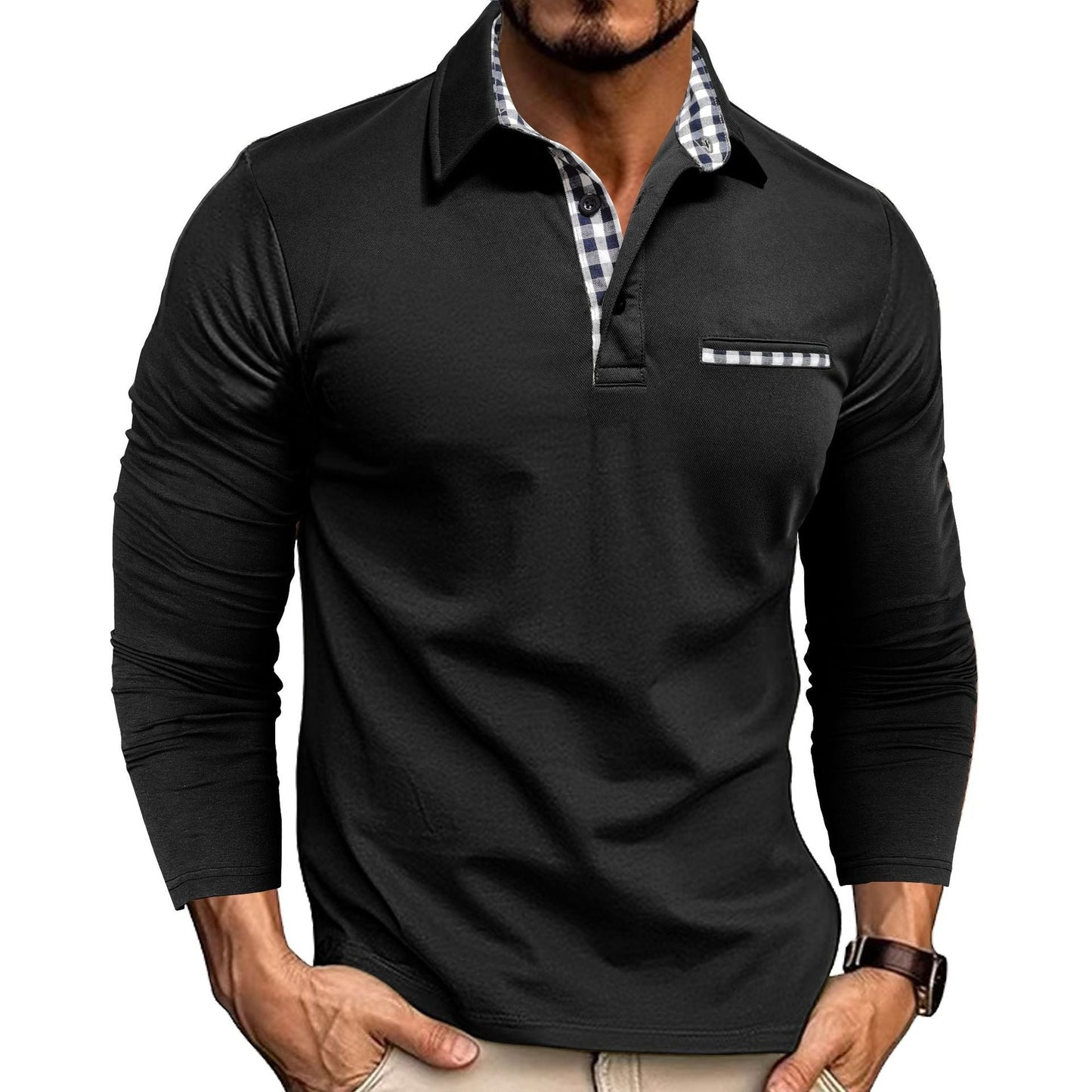 Homme Polo Manches Longues avec Col et Poche à Carreaux Slim Fit