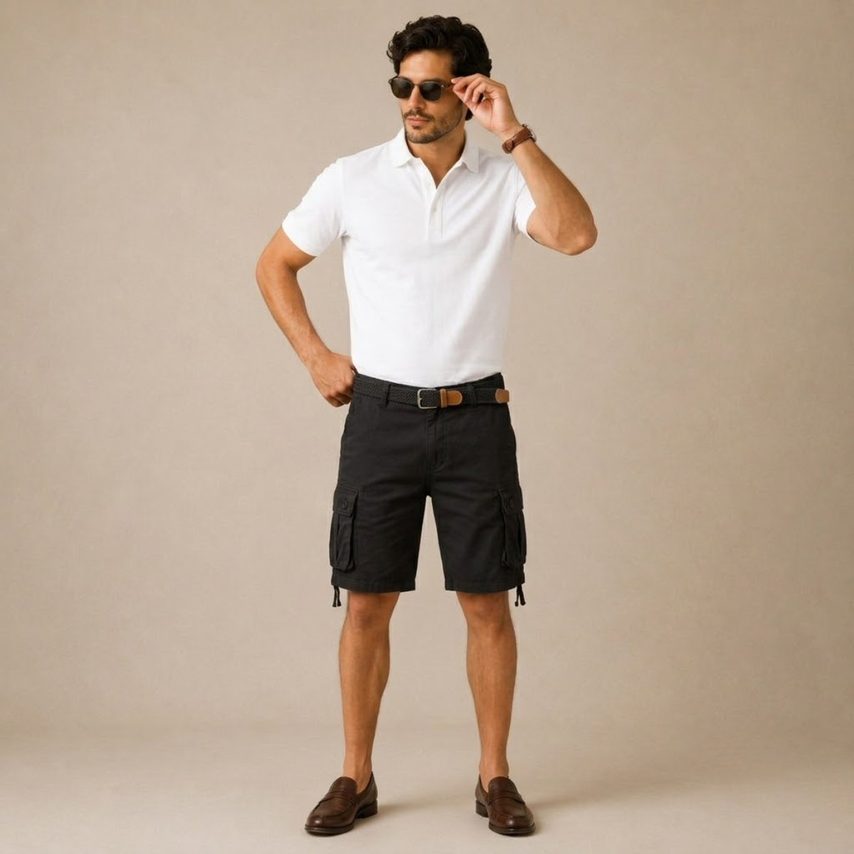 Homme Short Cargo Utilitaire avec Poches Multiples et Ceinture