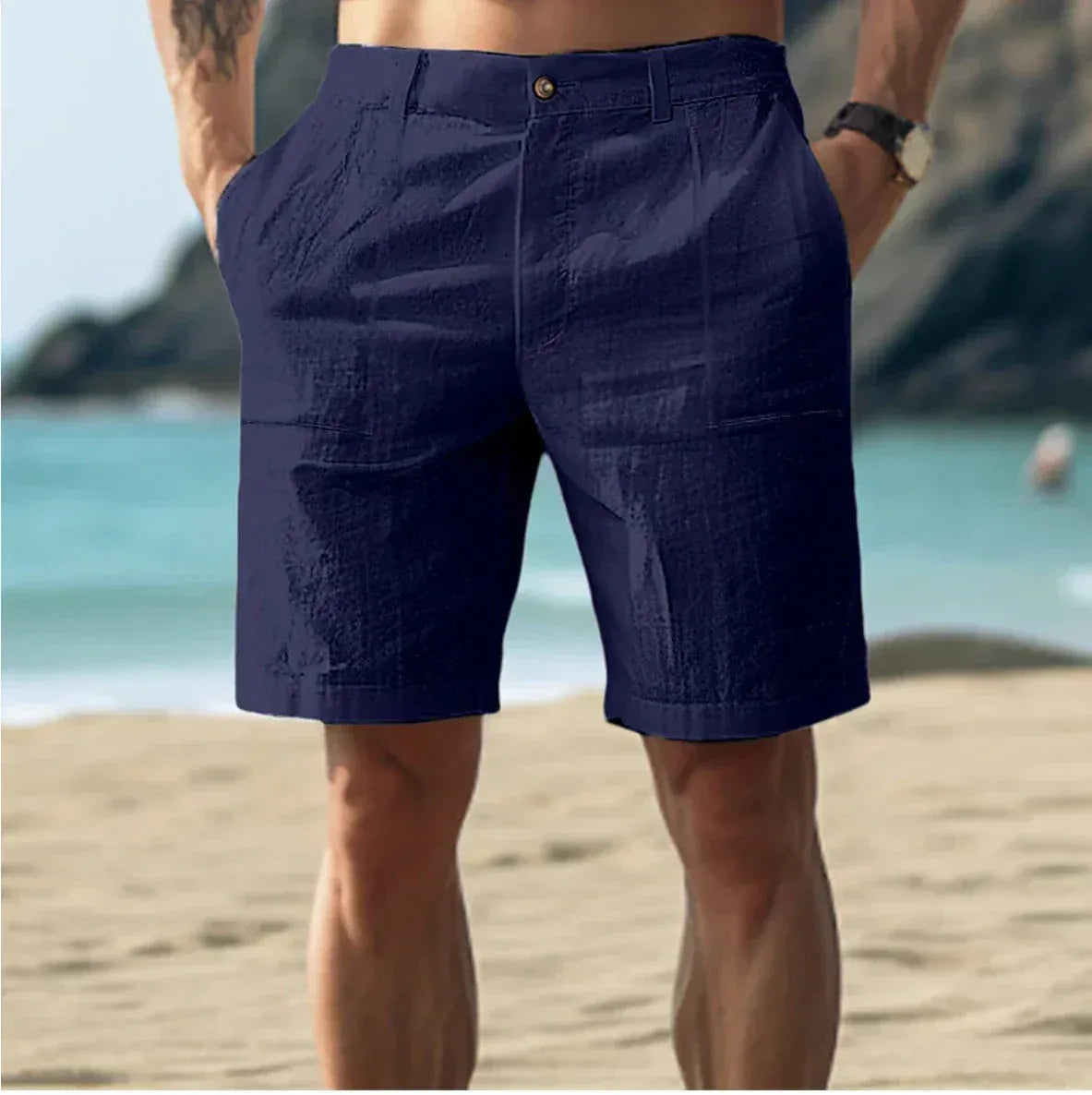 Homme Short Chino Taille Haute avec Poches Latérales et Fermeture Bouton