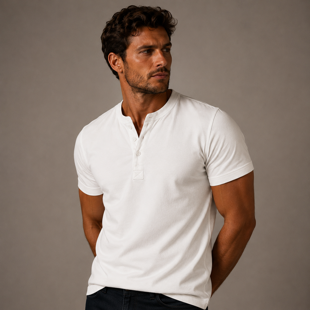 Homme T-shirt Henley Manches Courtes avec Boutons