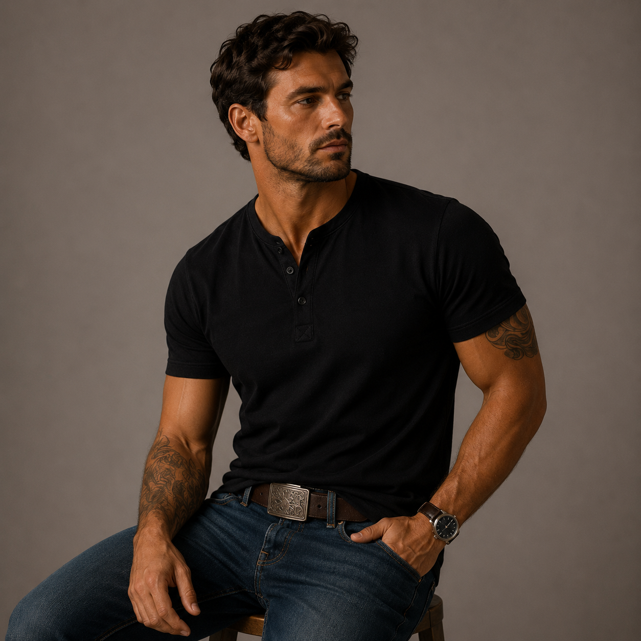 Homme T-shirt Henley Manches Courtes avec Boutons