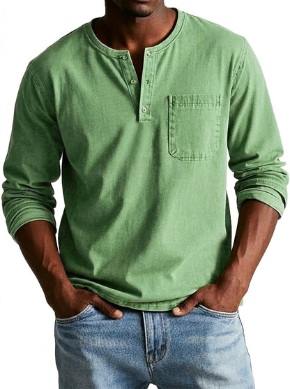 Homme T-shirt Henley Manches Longues avec Poche Poitrine et Col Rond