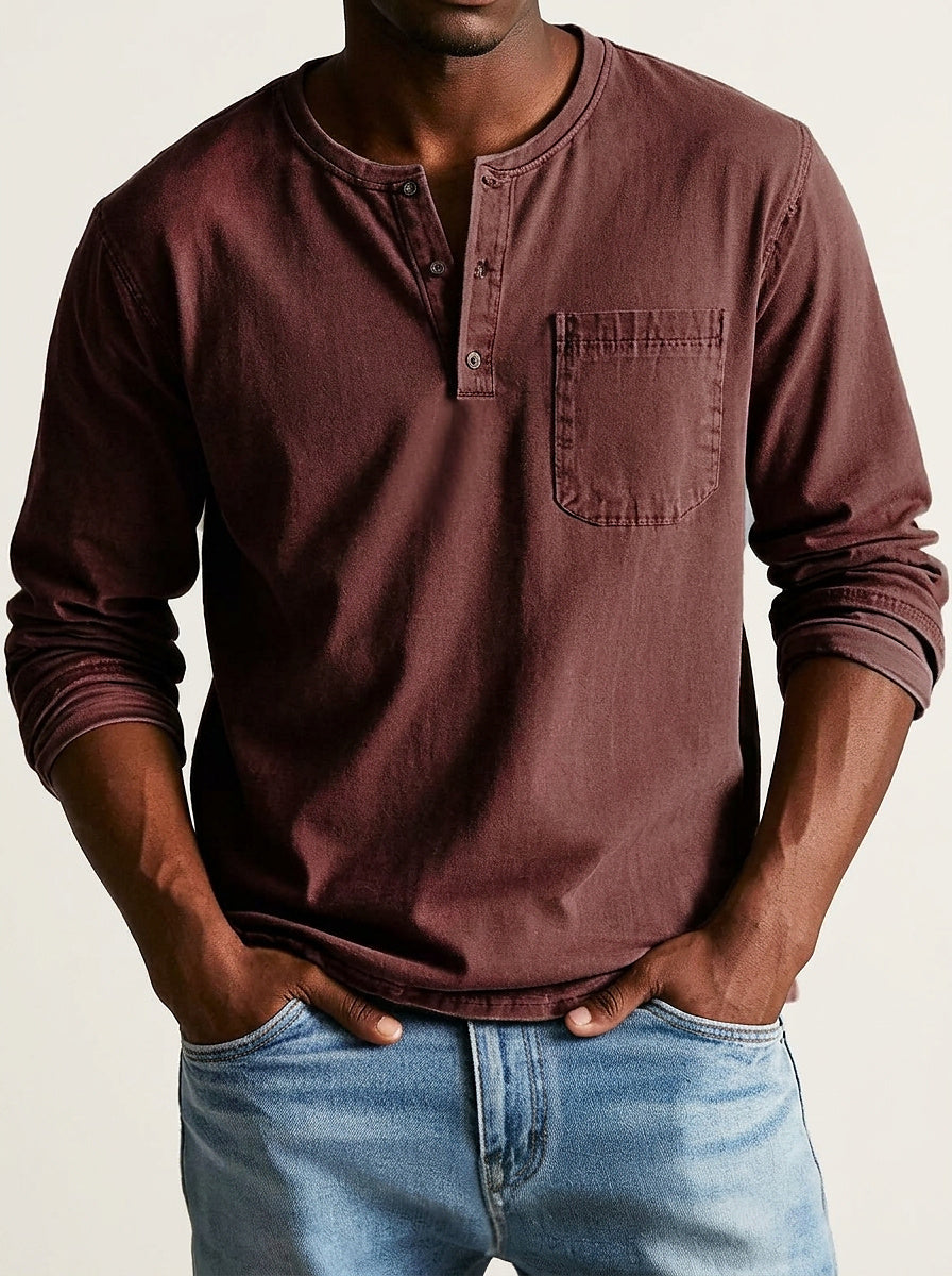 Homme T-shirt Henley Manches Longues avec Poche Poitrine et Col Rond