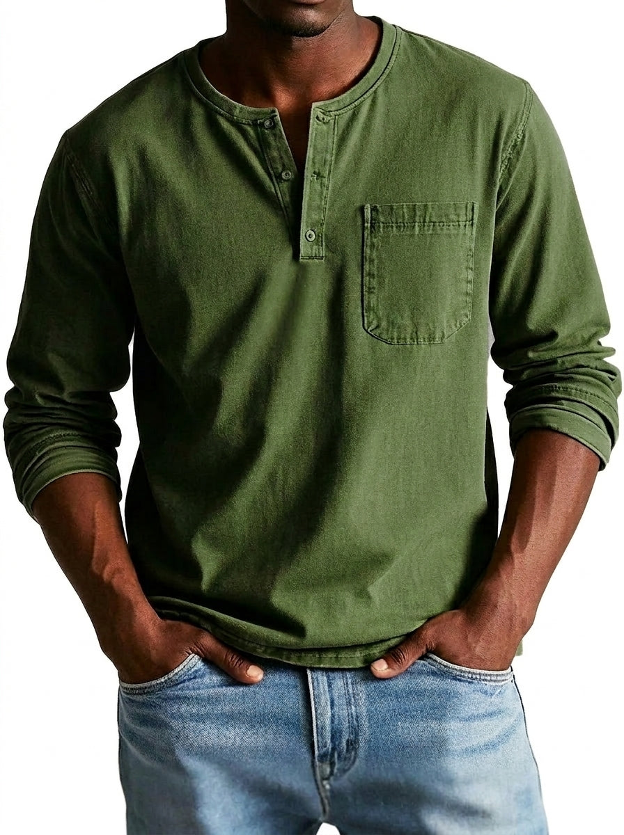 Homme T-shirt Henley Manches Longues avec Poche Poitrine et Col Rond