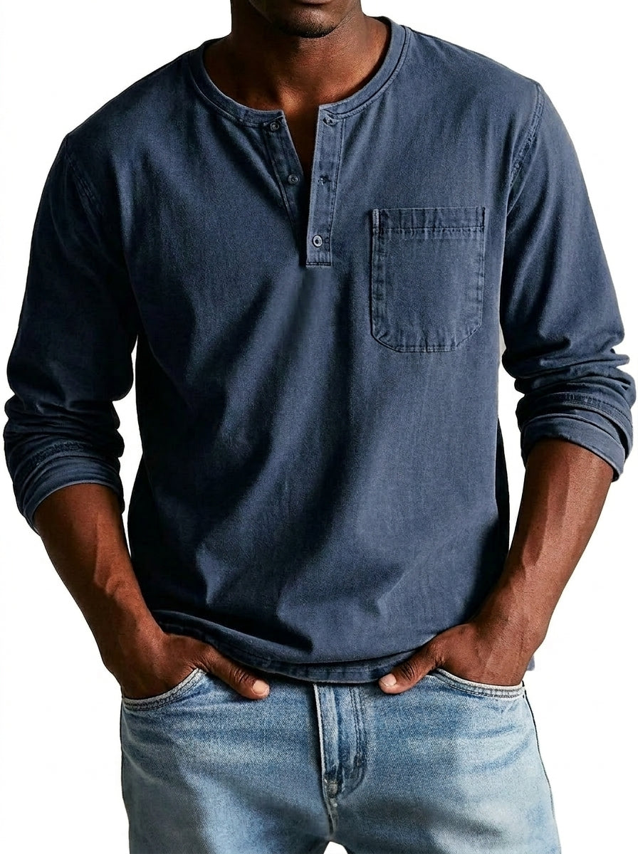 Homme T-shirt Henley Manches Longues avec Poche Poitrine et Col Rond