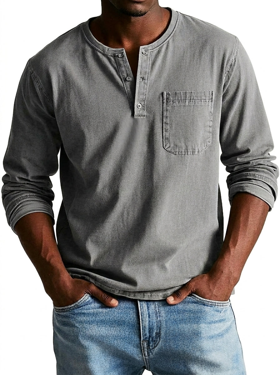 Homme T-shirt Henley Manches Longues avec Poche Poitrine et Col Rond