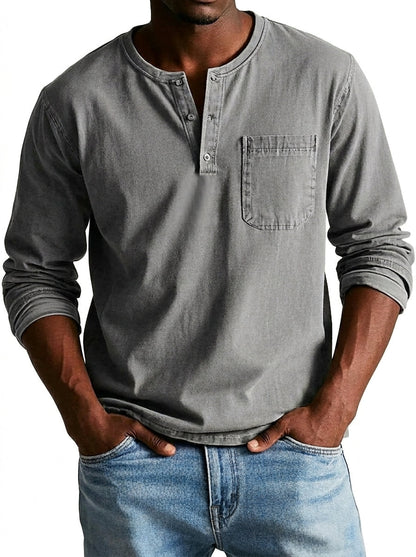 Homme T-shirt Henley Manches Longues avec Poche Poitrine et Col Rond