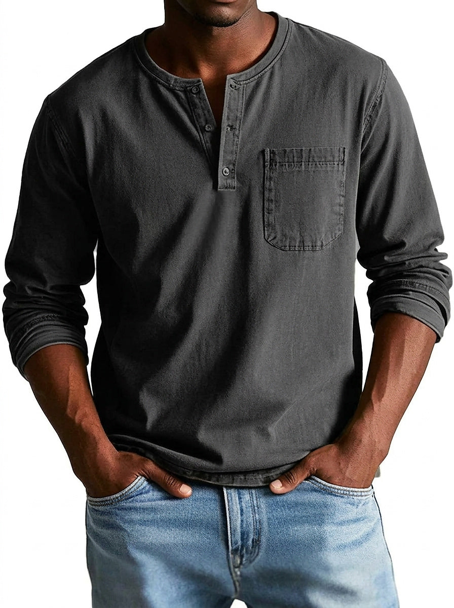 Homme T-shirt Henley Manches Longues avec Poche Poitrine et Col Rond