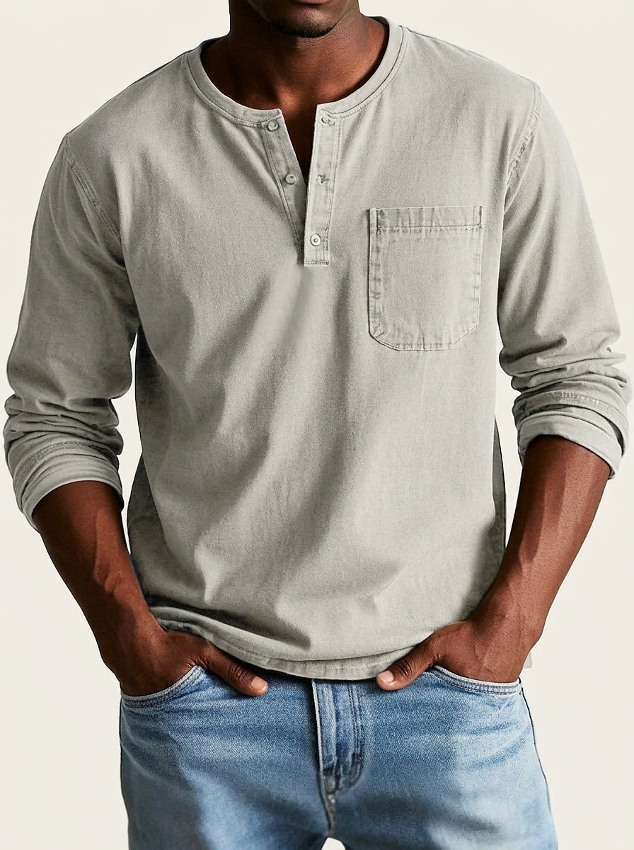 Homme T-shirt Henley Manches Longues avec Poche Poitrine et Col Rond