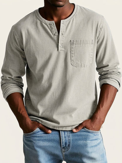 Homme T-shirt Henley Manches Longues avec Poche Poitrine et Col Rond