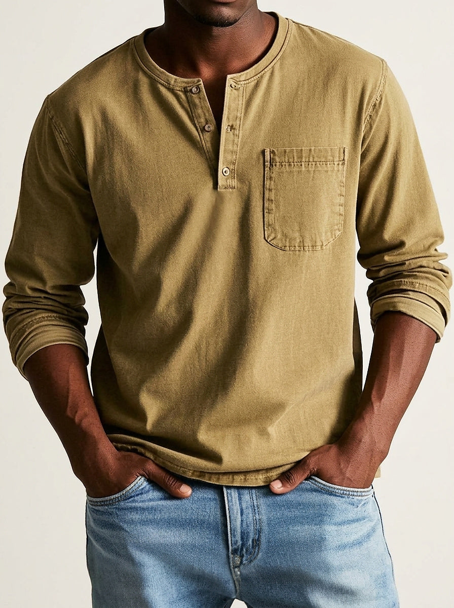 Homme T-shirt Henley Manches Longues avec Poche Poitrine et Col Rond