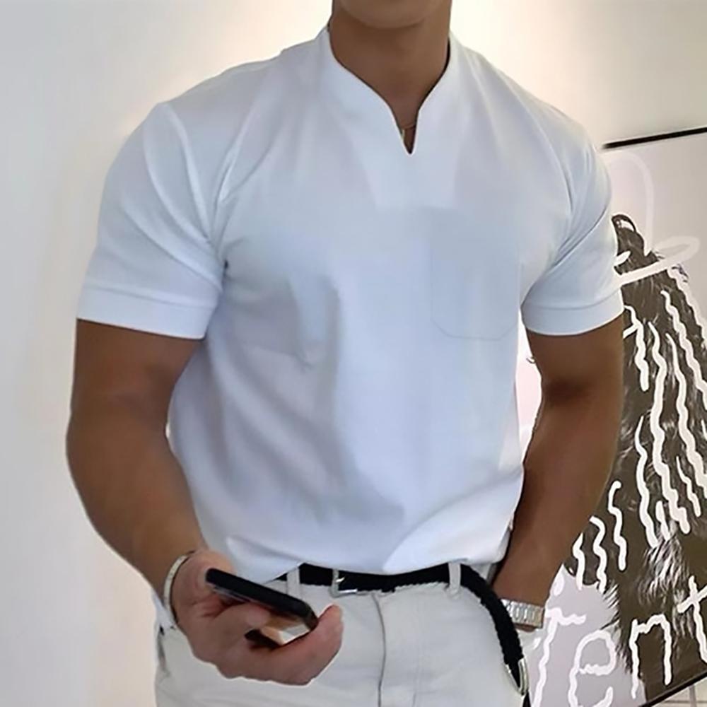 Homme T-Shirt Manches Courtes avec Col en V et Poche Poitrine Slim Fit