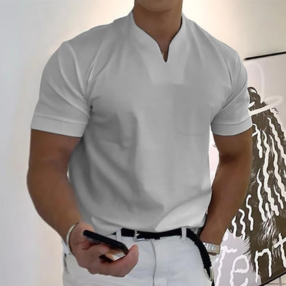 Homme T-Shirt Manches Courtes avec Col en V et Poche Poitrine Slim Fit