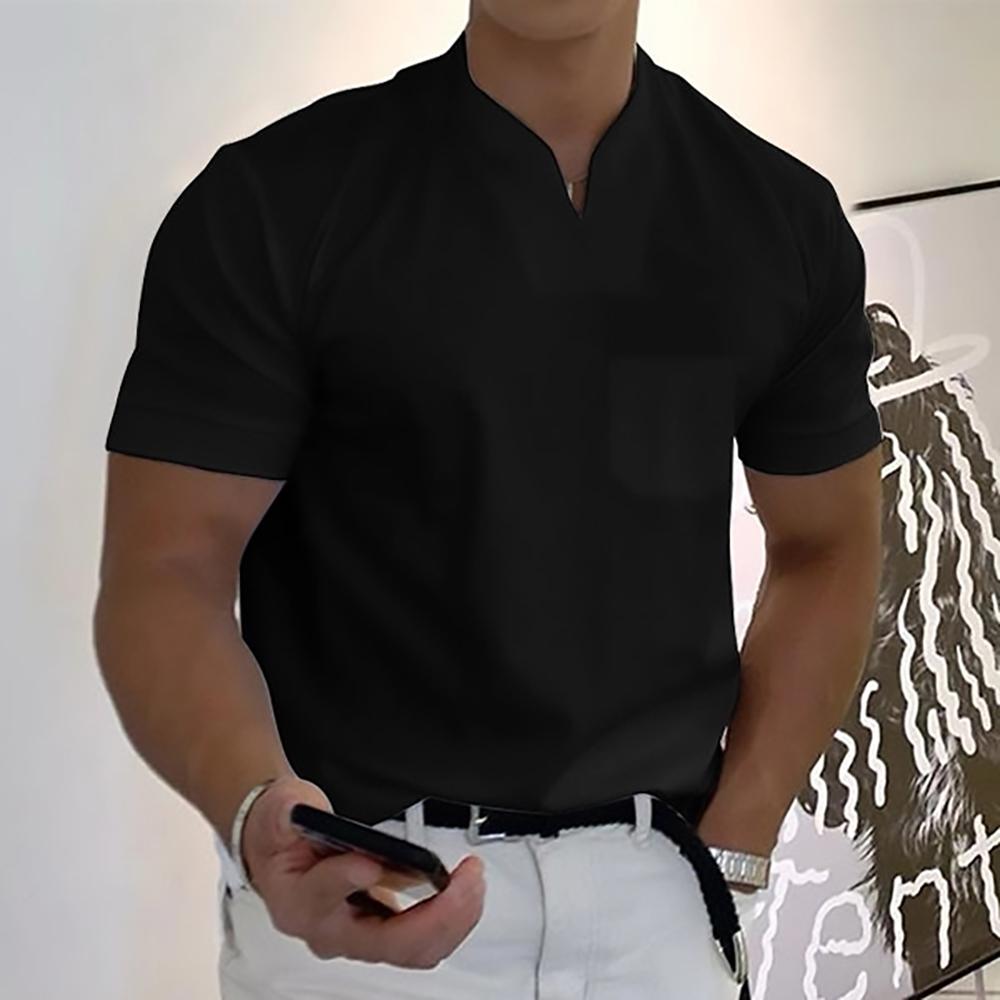 Homme T-Shirt Manches Courtes avec Col en V et Poche Poitrine Slim Fit