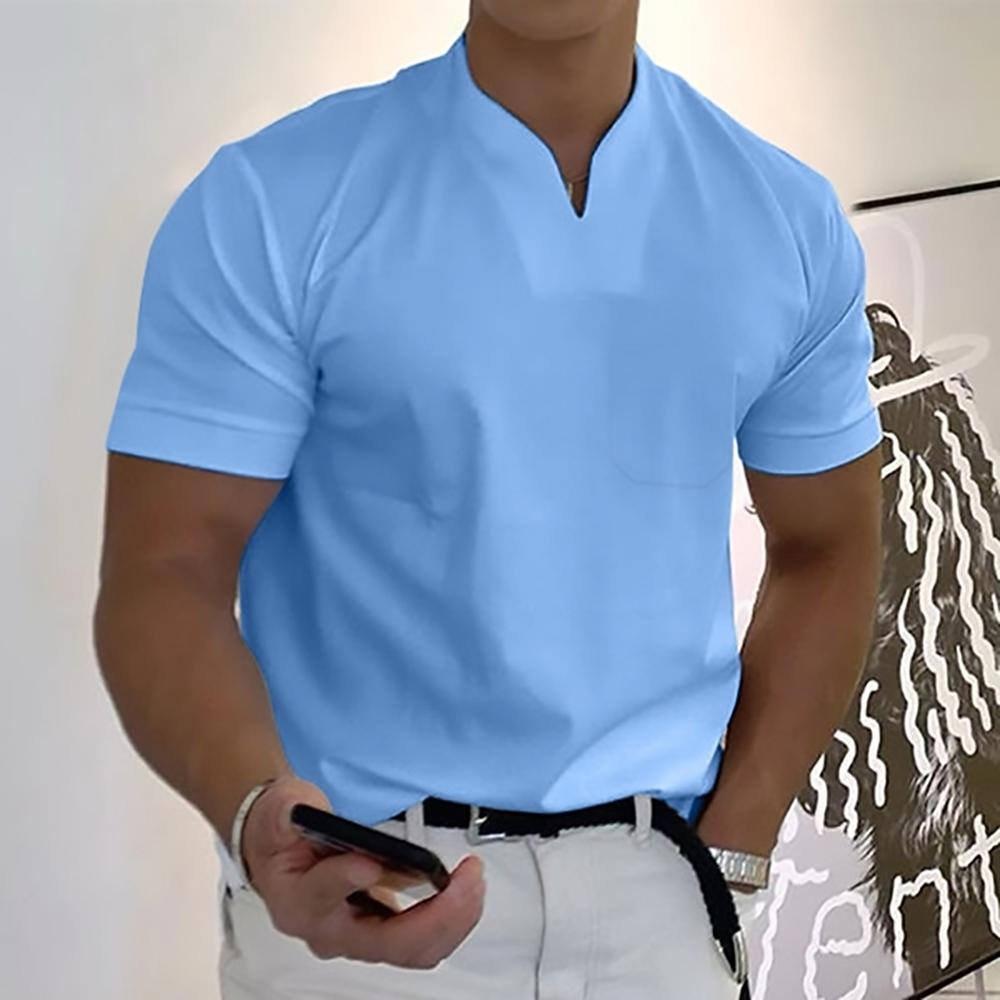 Homme T-Shirt Manches Courtes avec Col en V et Poche Poitrine Slim Fit