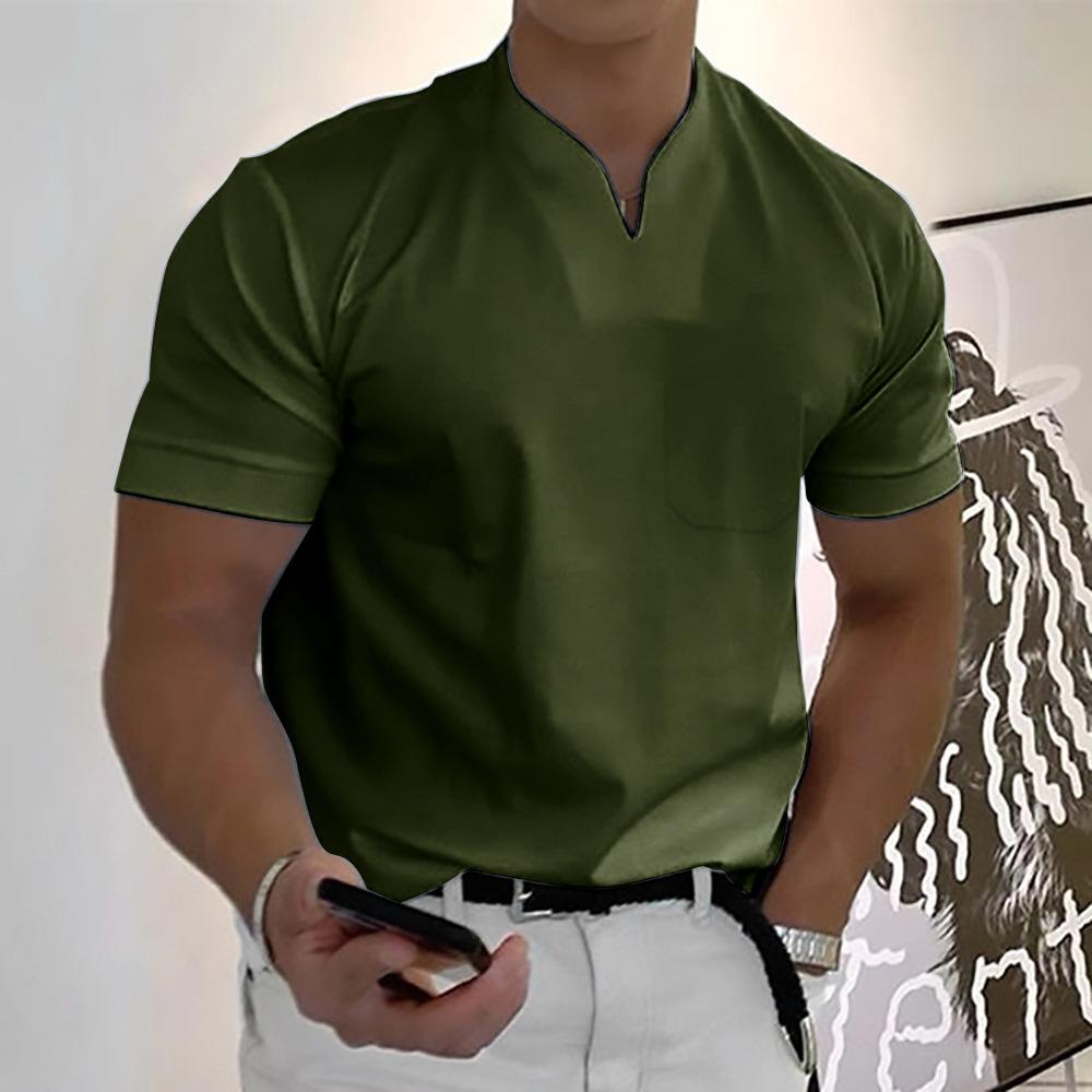 Homme T-Shirt Manches Courtes avec Col en V et Poche Poitrine Slim Fit