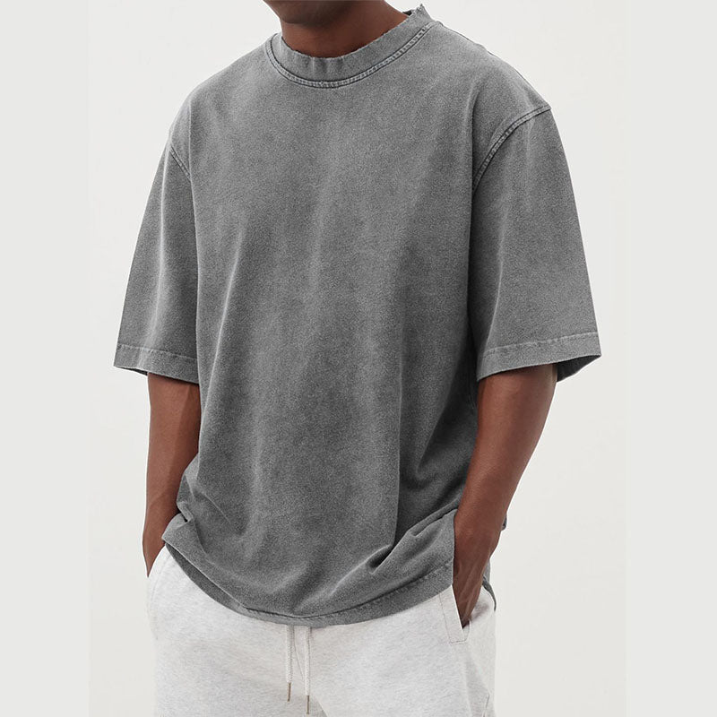 Homme T-Shirt Oversize Vintage Délavé à Col Rond et Manches Courtes
