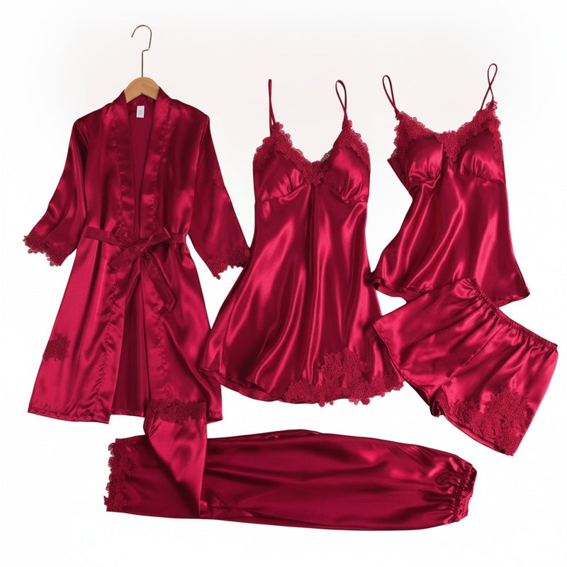 Lace Trim Nightwear Set with Robe, Cami, Slip, Shorts and Pants