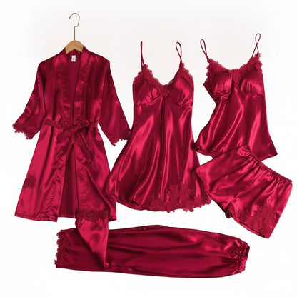 Lace Trim Nightwear Set with Robe, Cami, Slip, Shorts and Pants