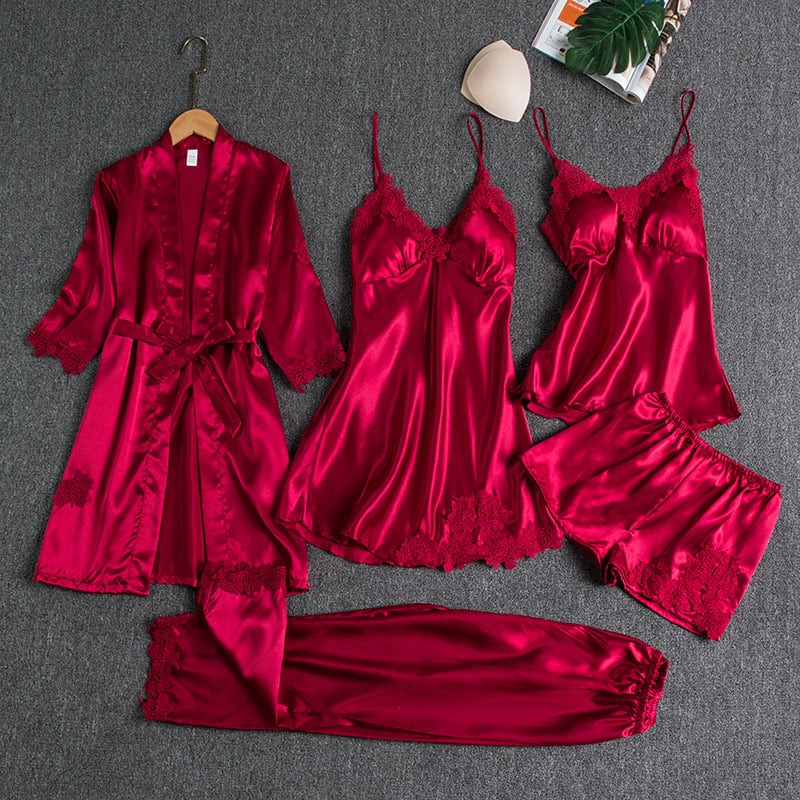 Lace Trim Nightwear Set with Robe, Cami, Slip, Shorts and Pants