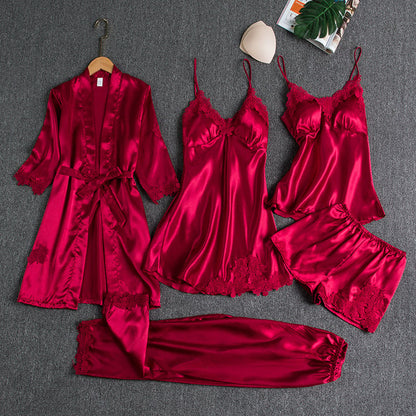 Lace Trim Nightwear Set with Robe, Cami, Slip, Shorts and Pants