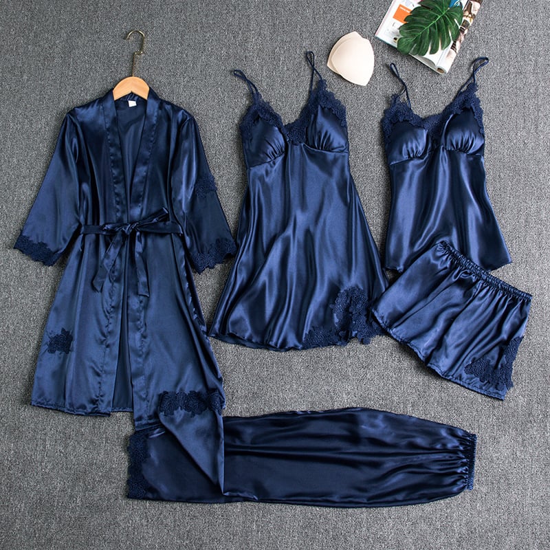 Lace Trim Nightwear Set with Robe, Cami, Slip, Shorts and Pants