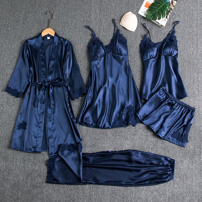 Lace Trim Nightwear Set with Robe, Cami, Slip, Shorts and Pants