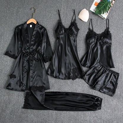 Lace Trim Nightwear Set with Robe, Cami, Slip, Shorts and Pants