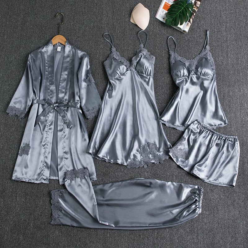 Lace Trim Nightwear Set with Robe, Cami, Slip, Shorts and Pants
