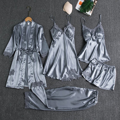 Lace Trim Nightwear Set with Robe, Cami, Slip, Shorts and Pants