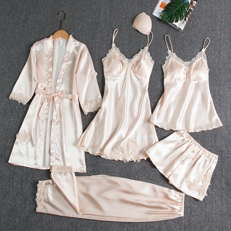 Lace Trim Nightwear Set with Robe, Cami, Slip, Shorts and Pants