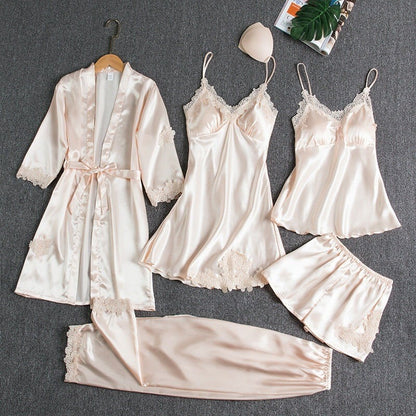 Lace Trim Nightwear Set with Robe, Cami, Slip, Shorts and Pants